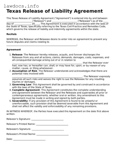 Blank Release of Liability Template for the State of Texas
