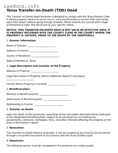 Blank Transfer-on-Death Deed Template for the State of Texas
