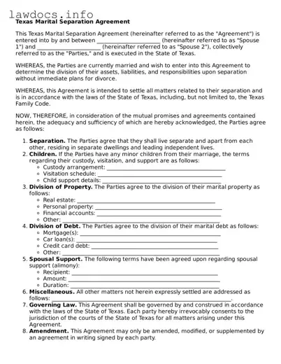 Blank Marital Separation Agreement Template for the State of Texas