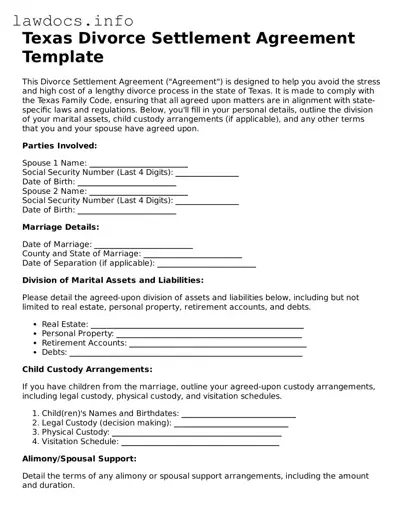 Blank Divorce Settlement Agreement Template for the State of Texas