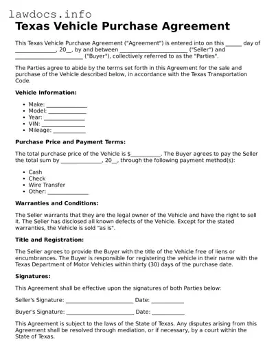 Blank Vehicle Purchase Agreement Template for the State of Texas