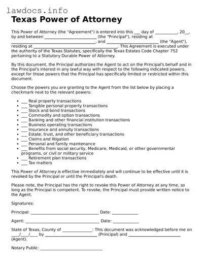 Blank Power of Attorney Template for the State of Texas