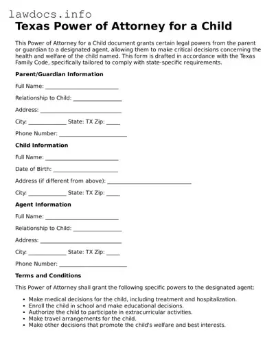 Blank Power of Attorney for a Child Template for the State of Texas