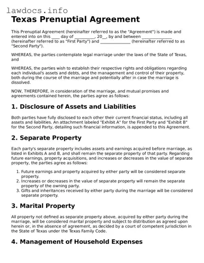 Blank Prenuptial Agreement Template for the State of Texas