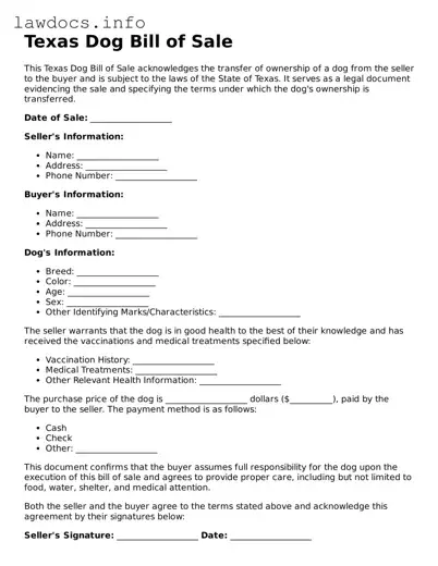 Blank Dog Bill of Sale Template for the State of Texas