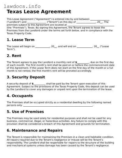 Blank Lease Agreement Template for the State of Texas
