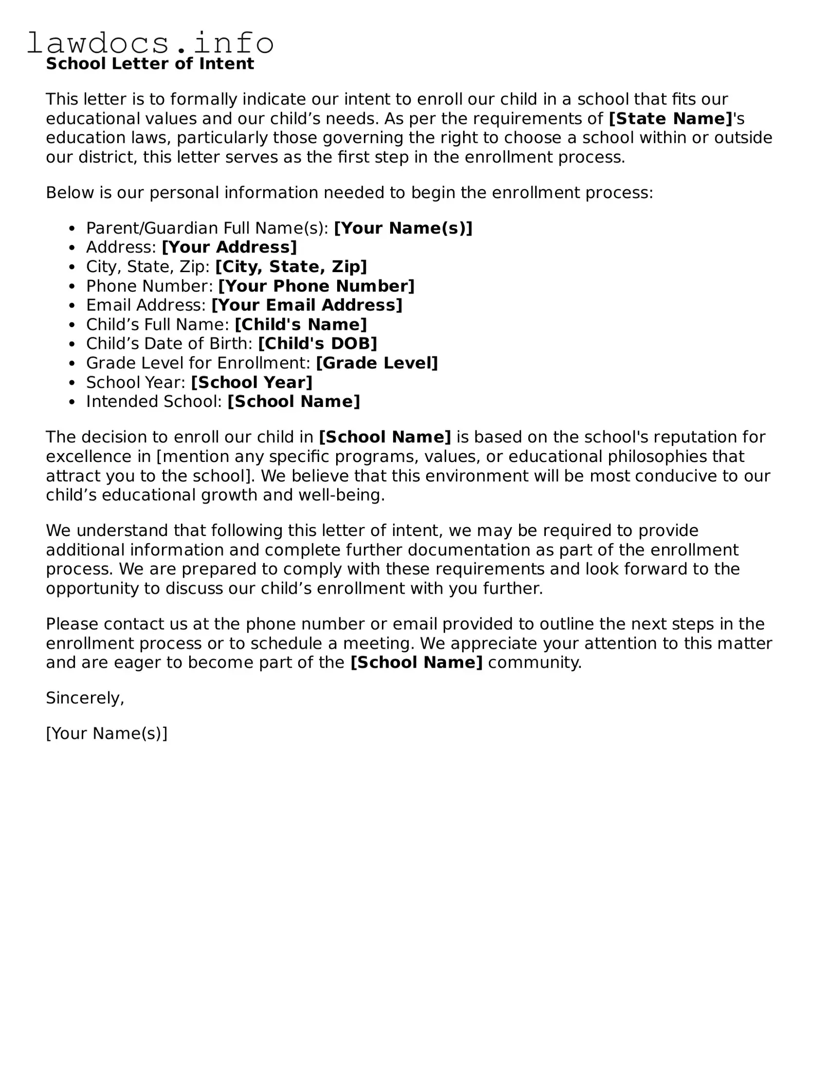 Valid School Letter of Intent Form