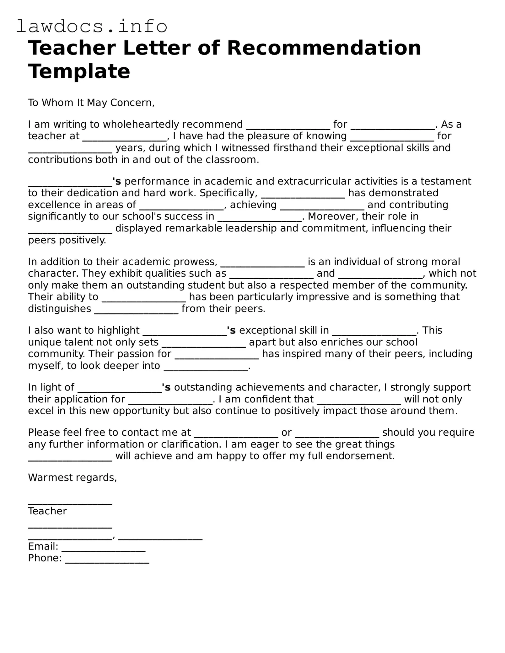 Valid Teacher Letter Recommendation Form