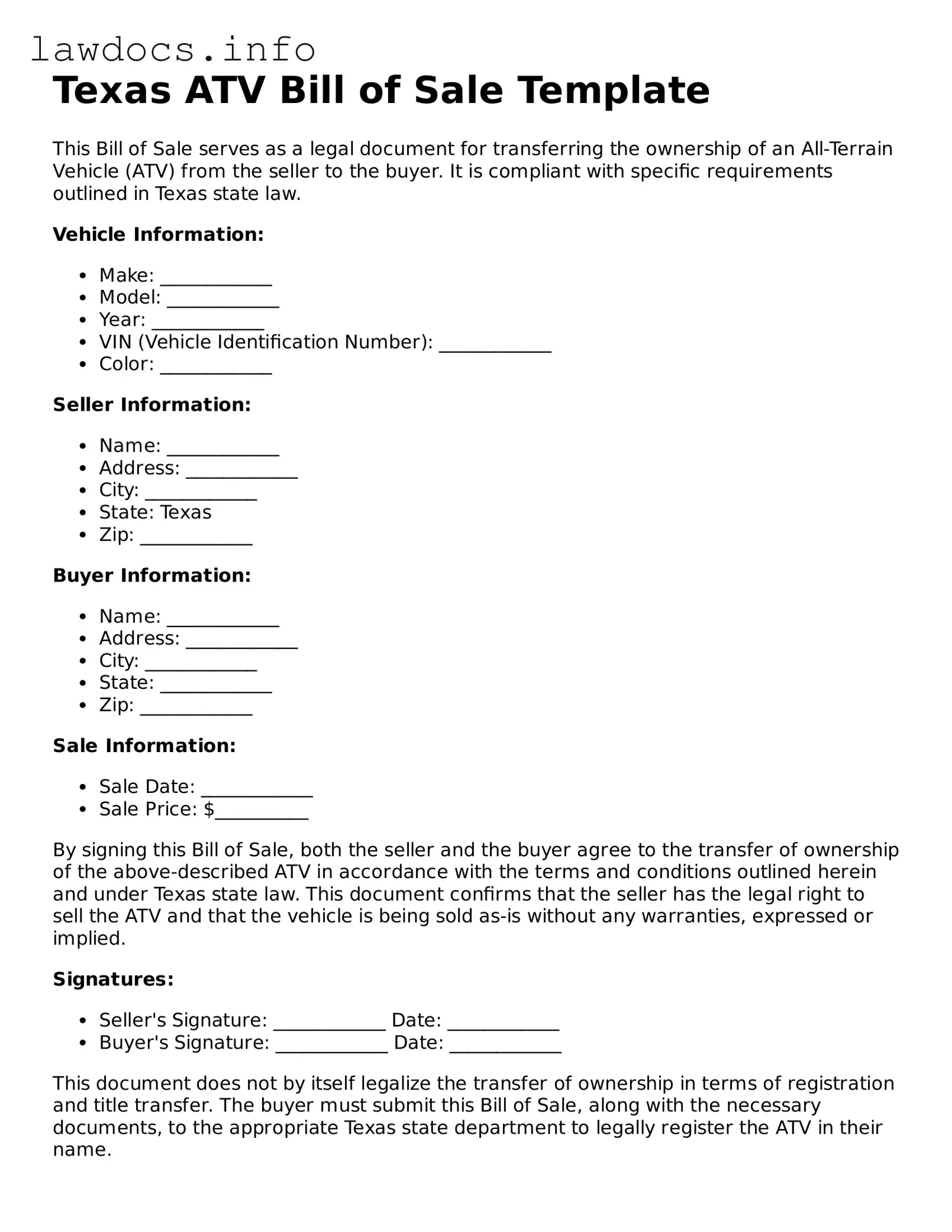 Blank ATV Bill of Sale Template for the State of Texas
