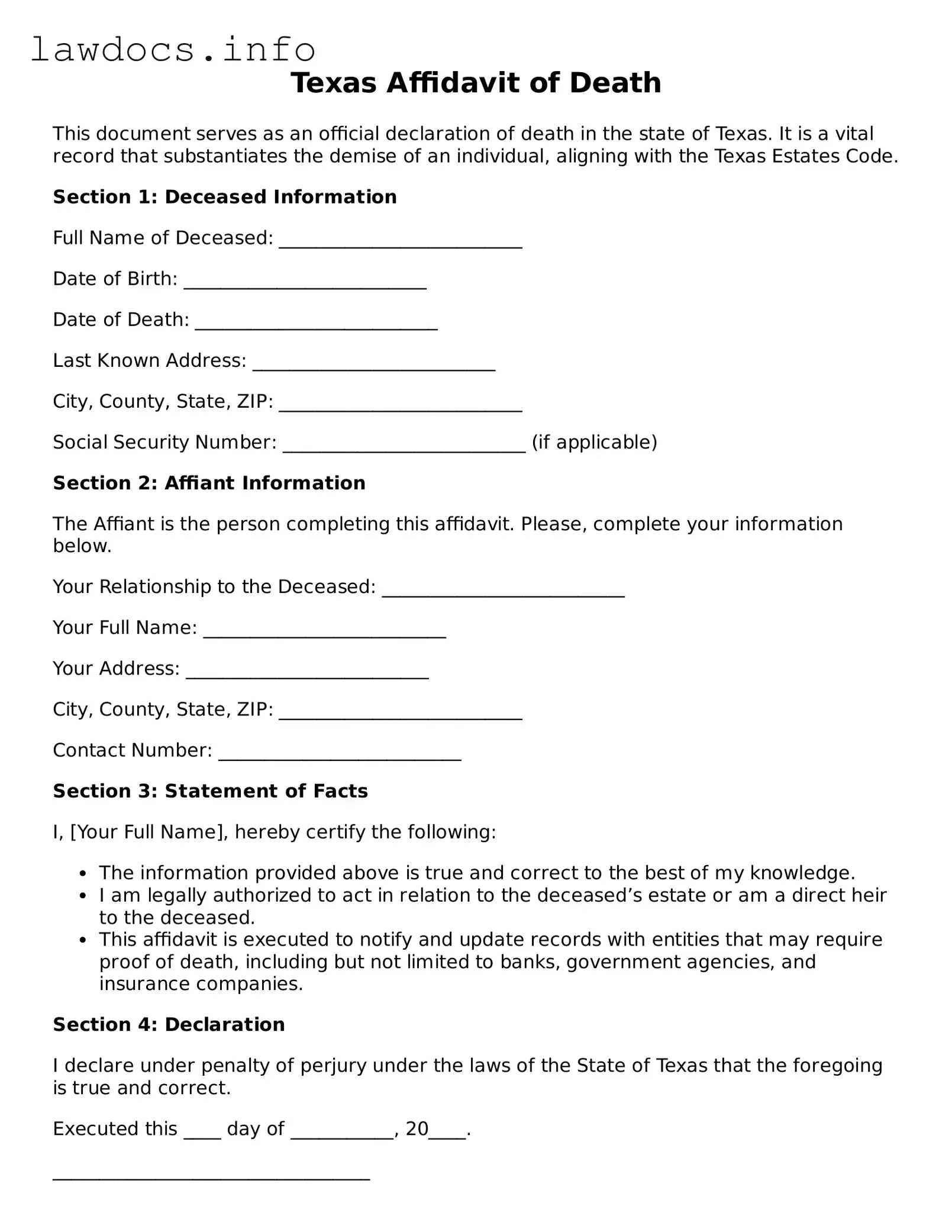 Blank Affidavit of Death Template for the State of Texas