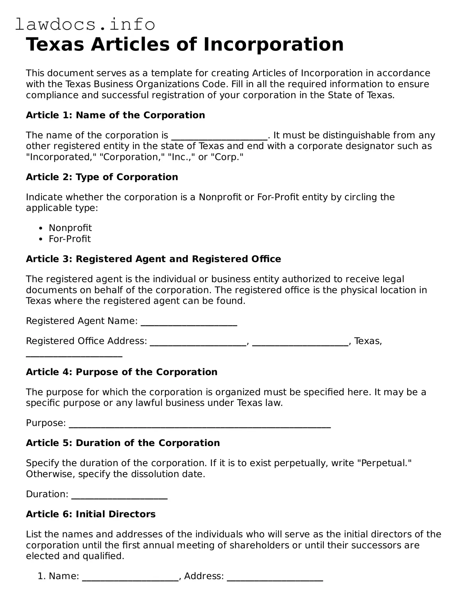 Blank Articles of Incorporation Template for the State of Texas