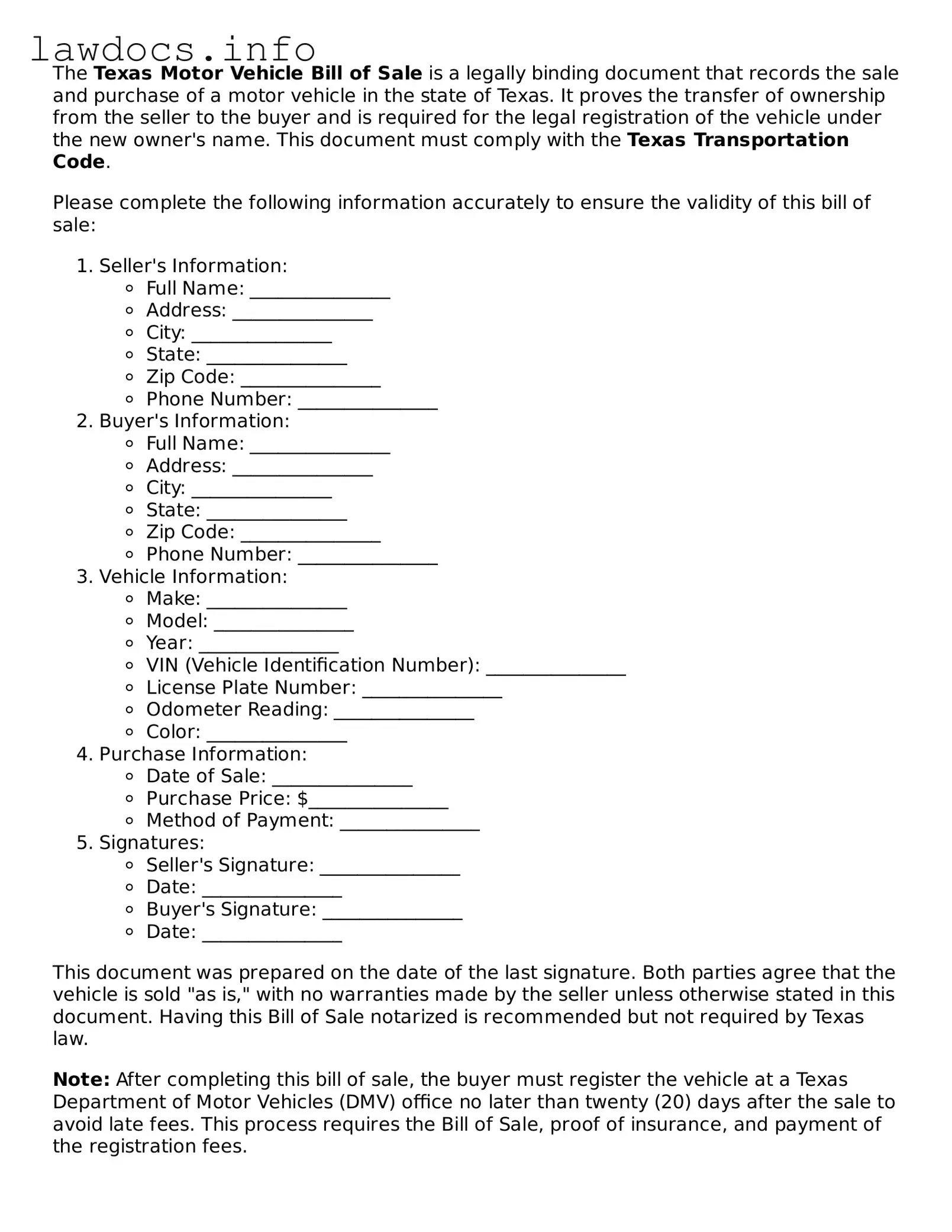 Blank Motor Vehicle Bill of Sale Template for the State of Texas