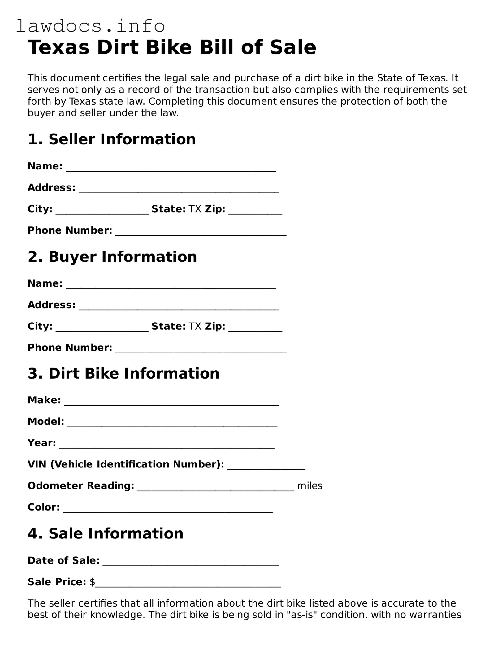 Blank Dirt Bike Bill of Sale Template for the State of Texas