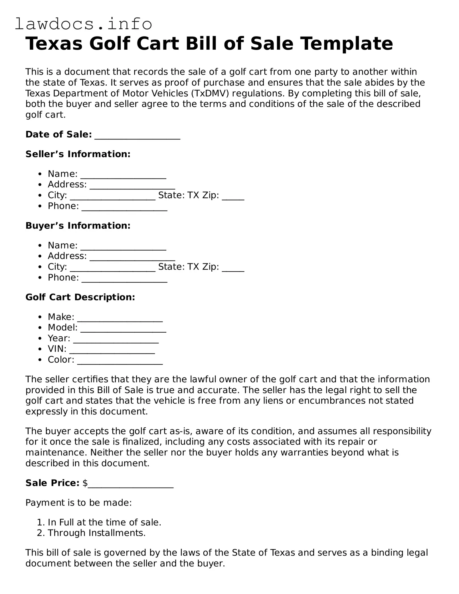 Blank Golf Cart Bill of Sale Template for the State of Texas