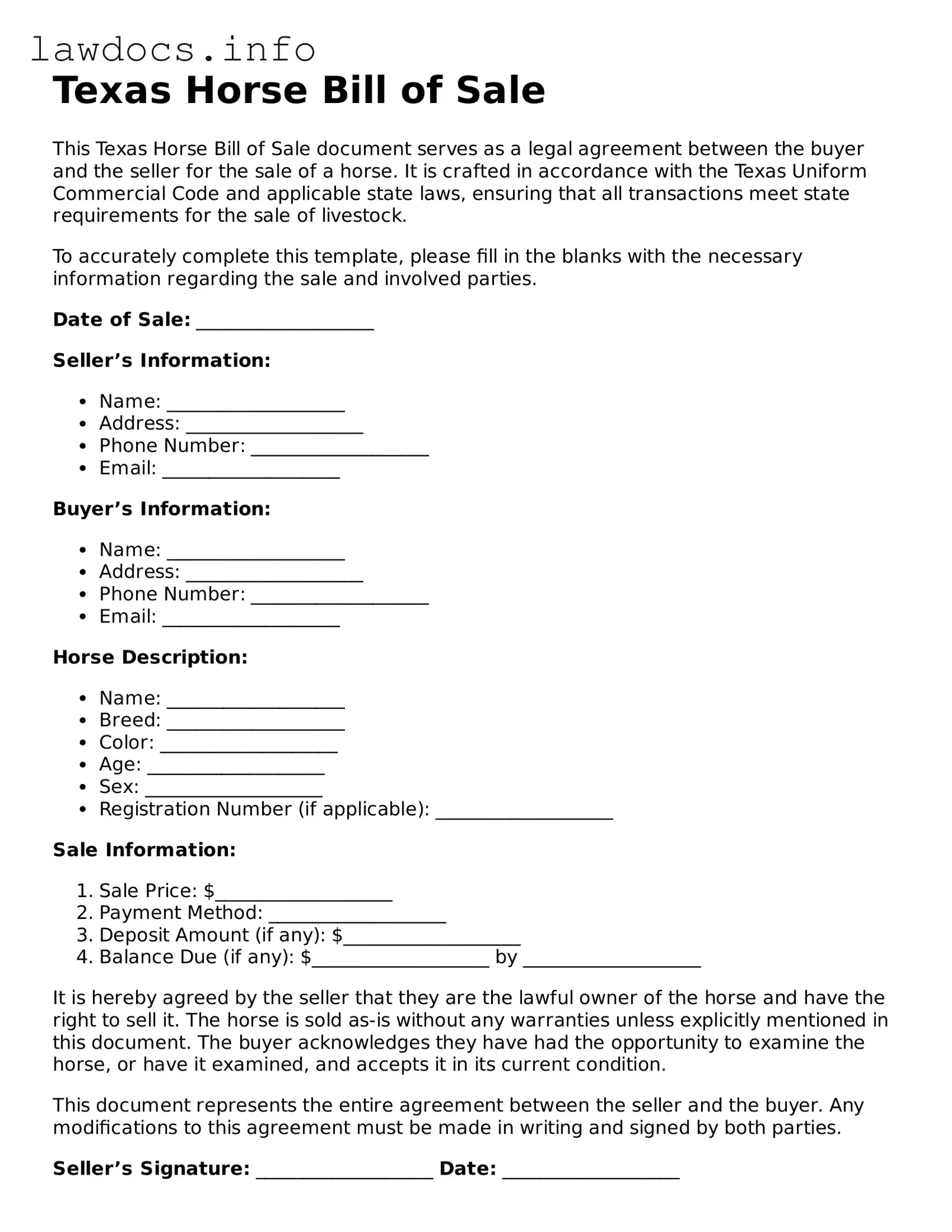 Blank Horse Bill of Sale Template for the State of Texas