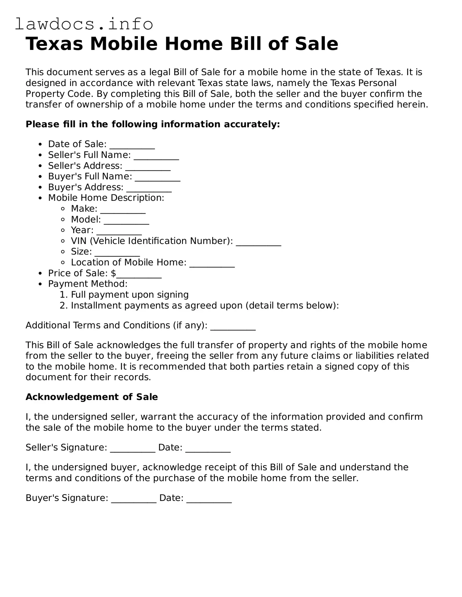 Blank Mobile Home Bill of Sale Template for the State of Texas