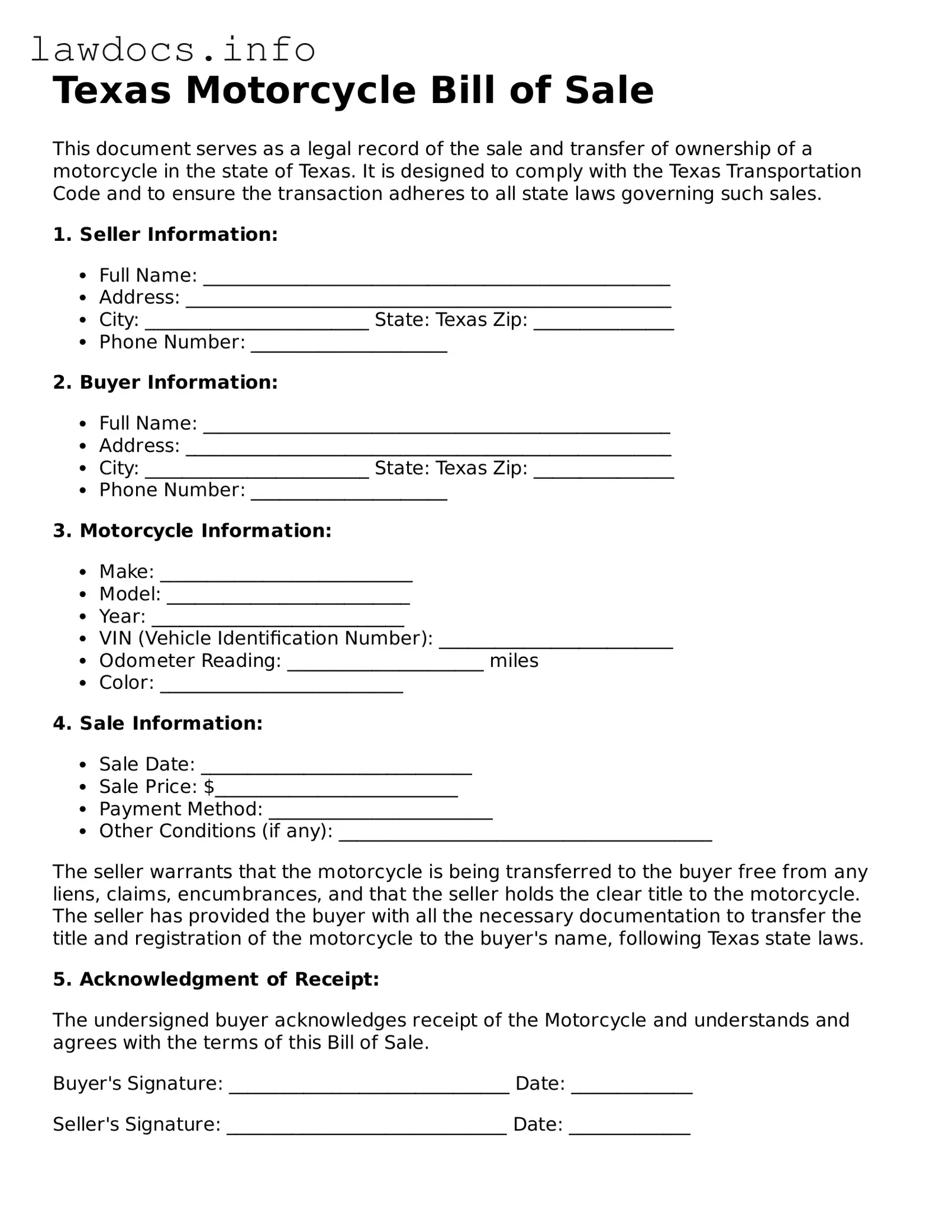 Blank Motorcycle Bill of Sale Template for the State of Texas