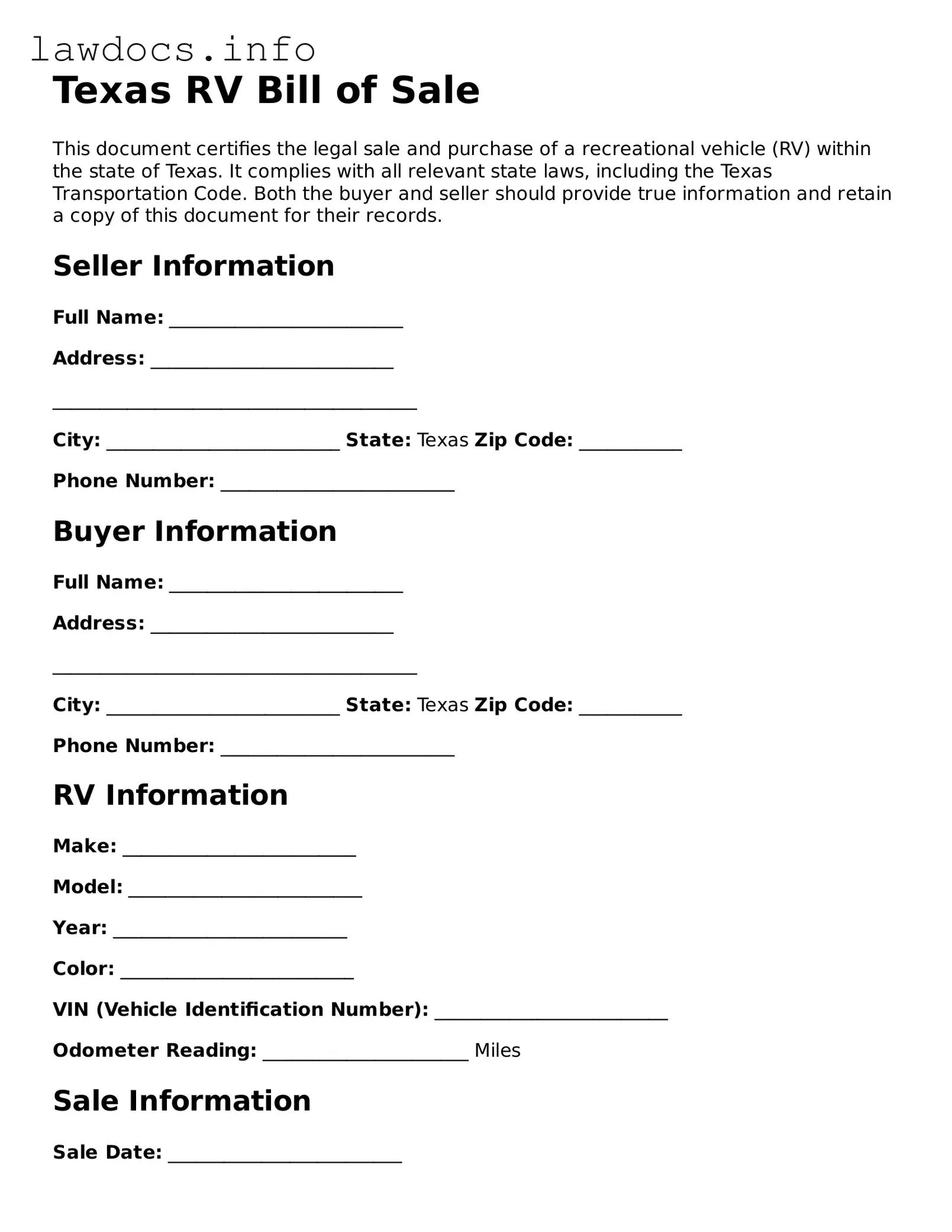 Blank RV Bill of Sale Template for the State of Texas