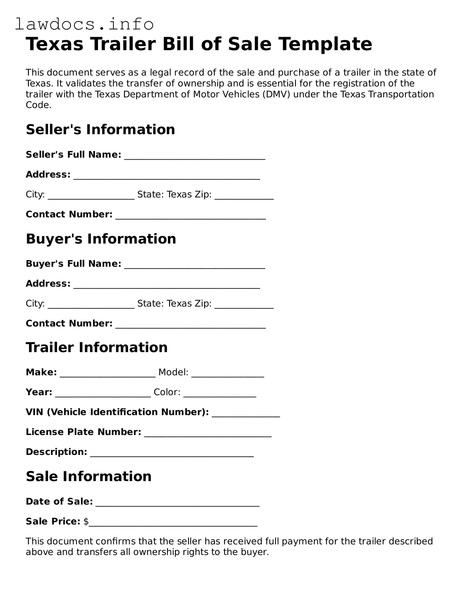 Blank Trailer Bill of Sale Template for the State of Texas