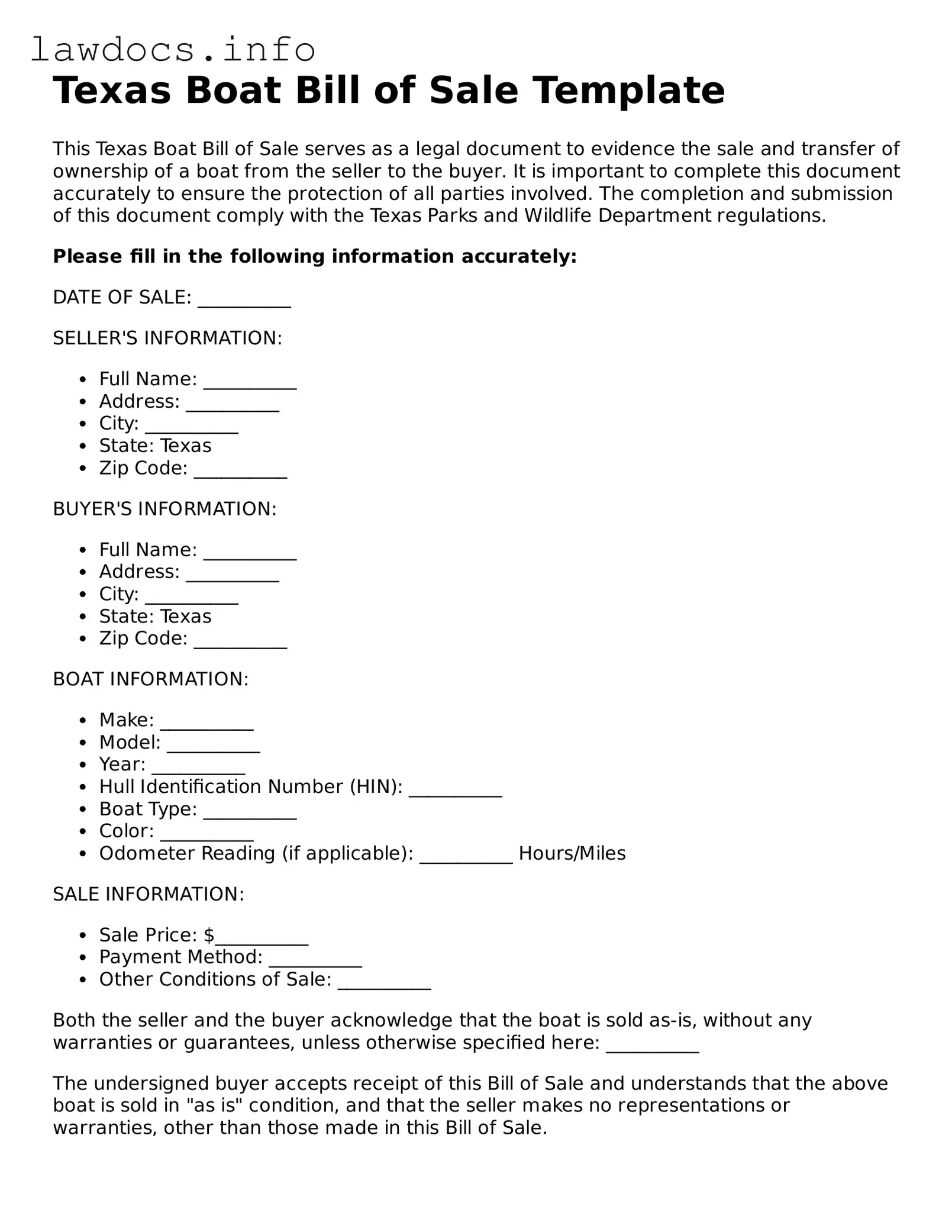 Blank Boat Bill of Sale Template for the State of Texas