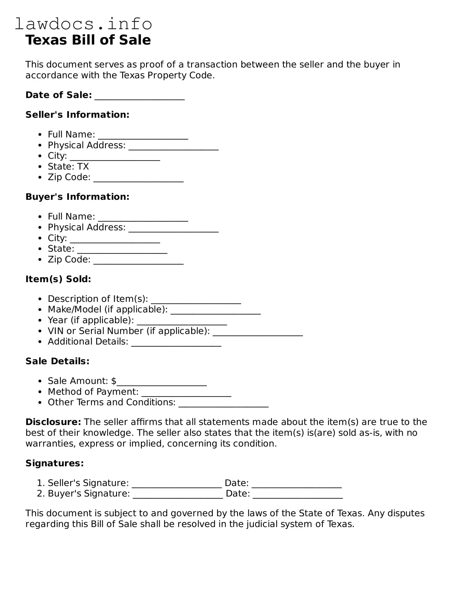 Blank Bill of Sale Template for the State of Texas