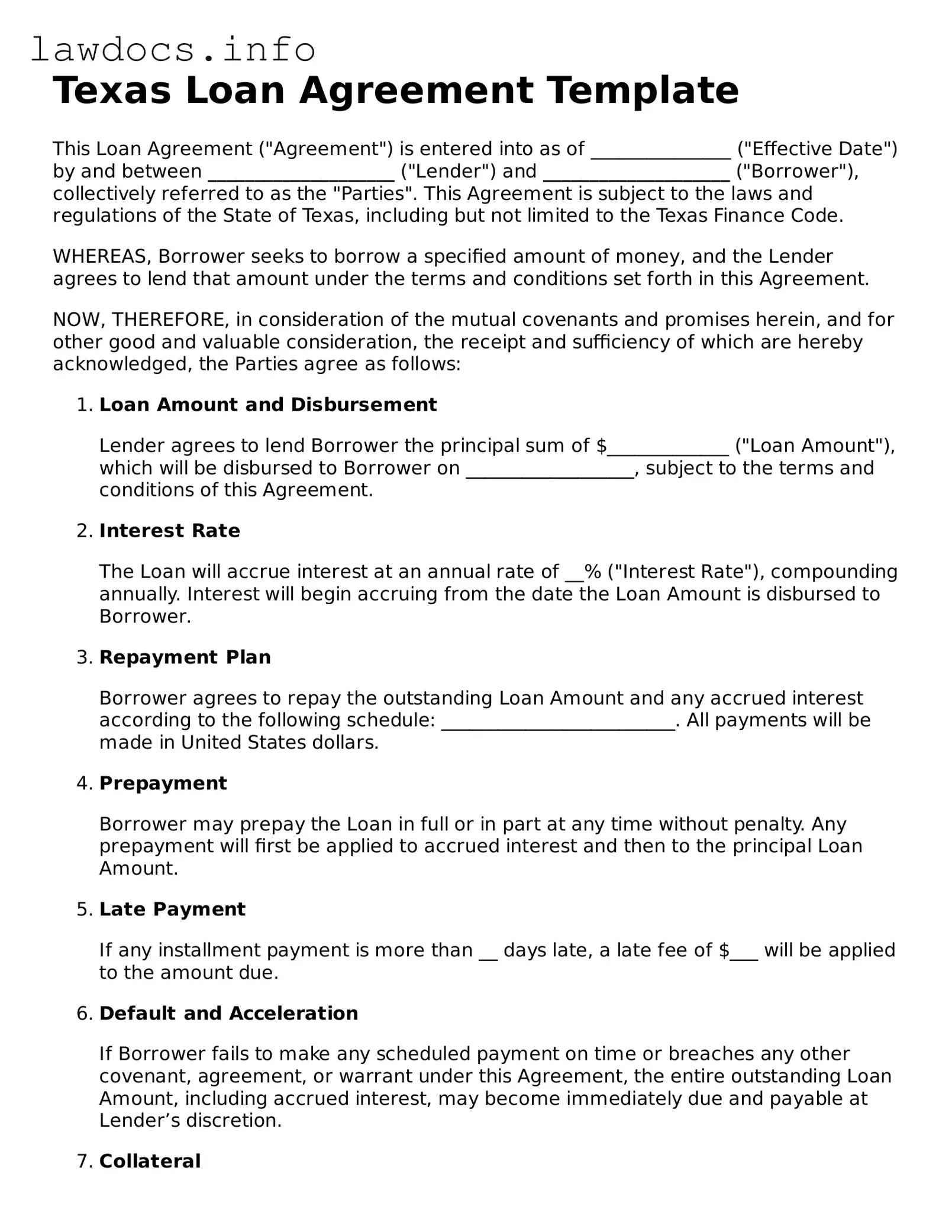 Blank Loan Agreement Template for the State of Texas