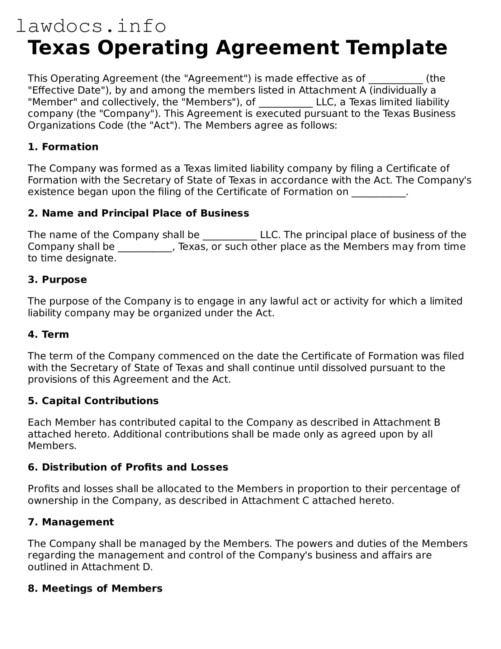 Blank Operating Agreement Template for the State of Texas