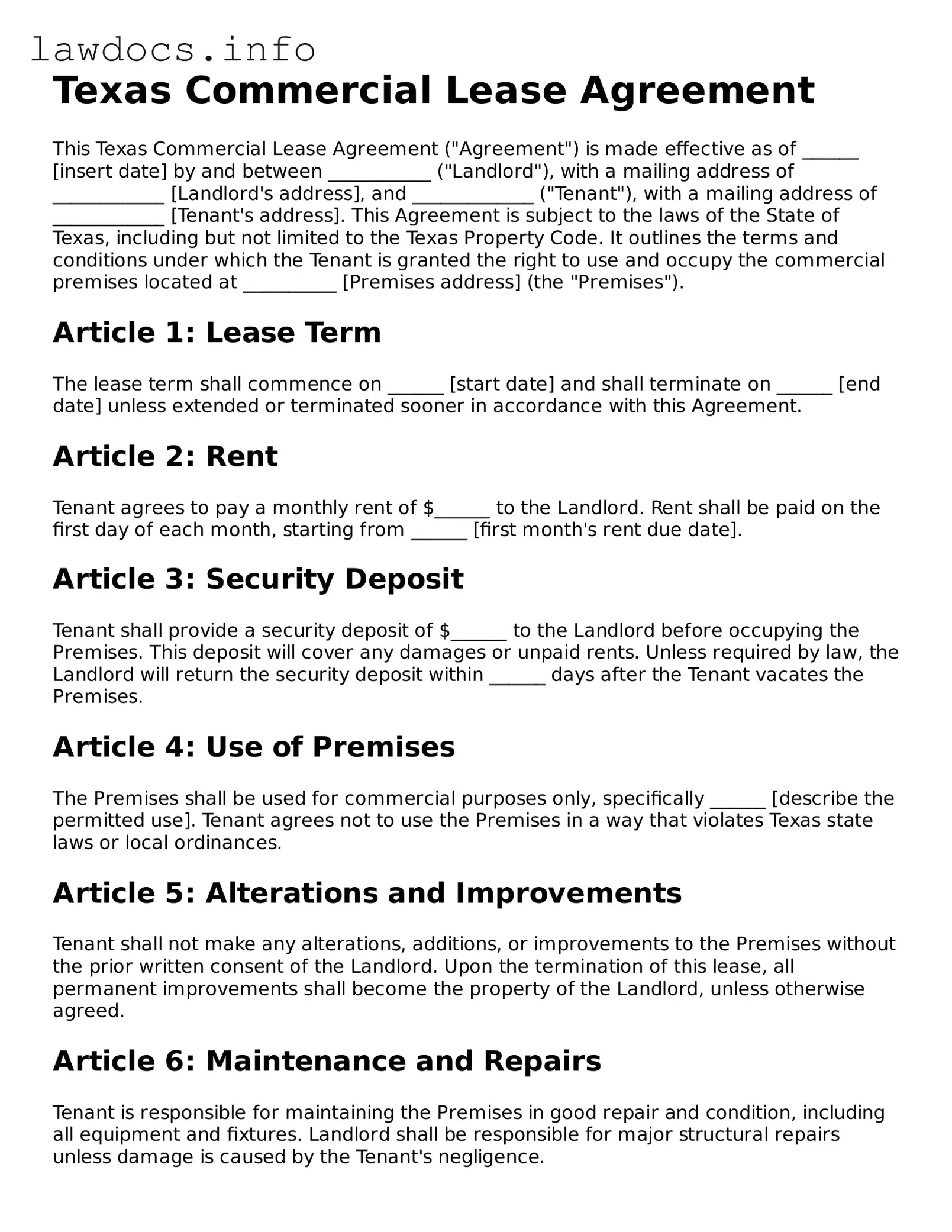 Blank Commercial Lease Agreement Template for the State of Texas