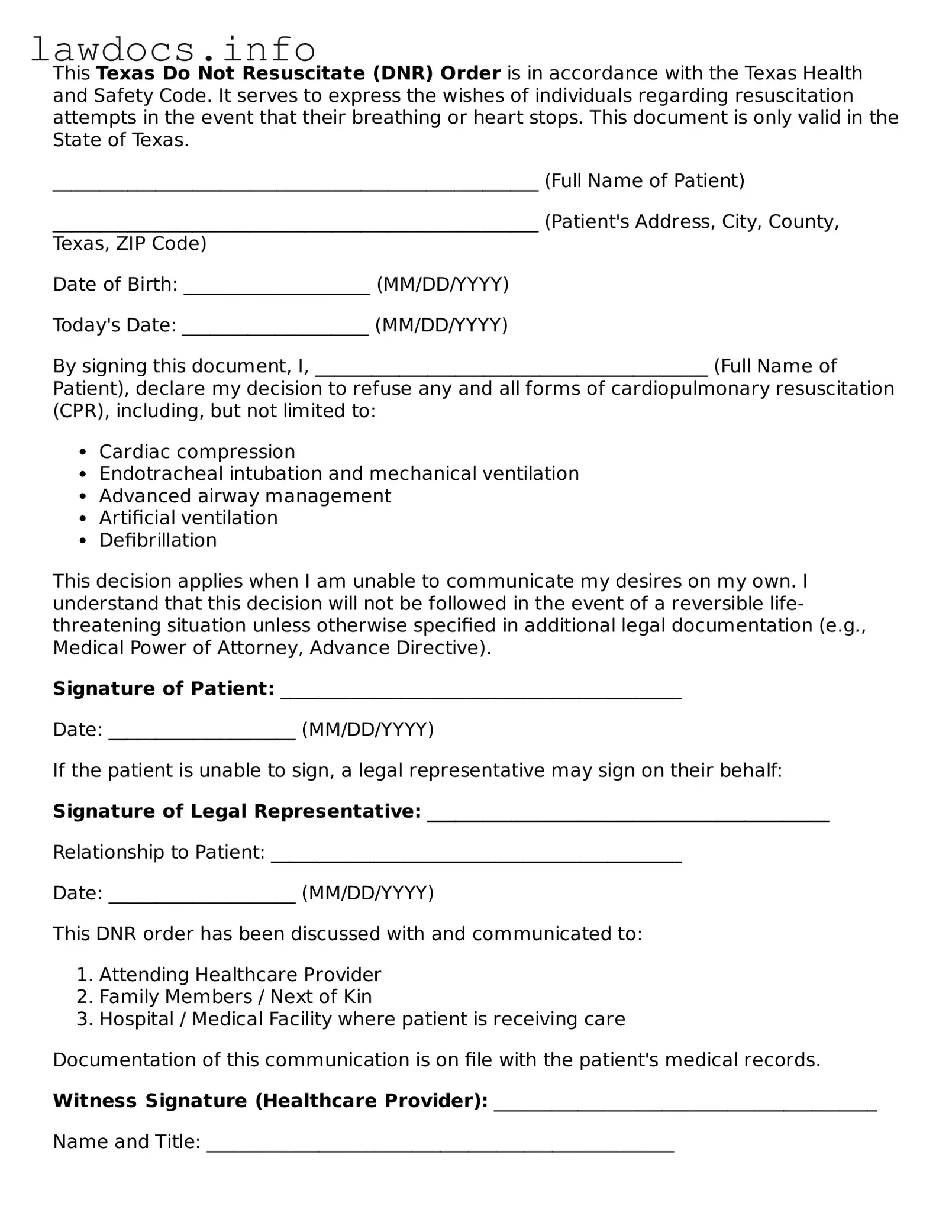 Blank Do Not Resuscitate Order Template for the State of Texas