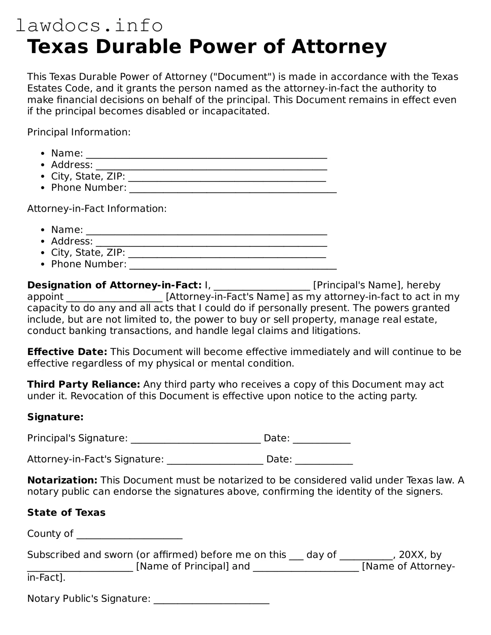 Blank Durable Power of Attorney Template for the State of Texas