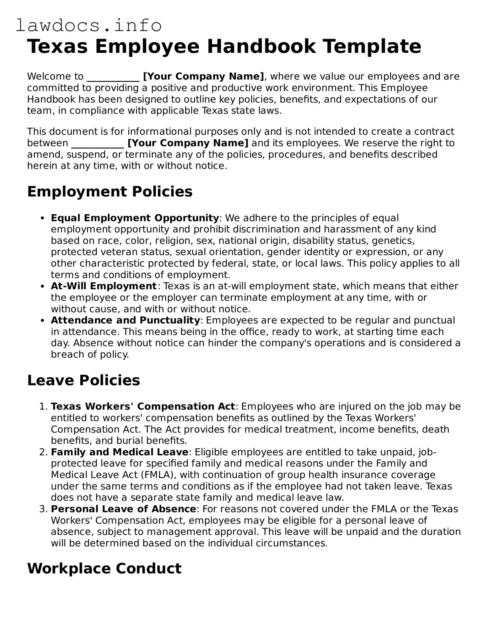 Blank Employee Handbook Template for the State of Texas