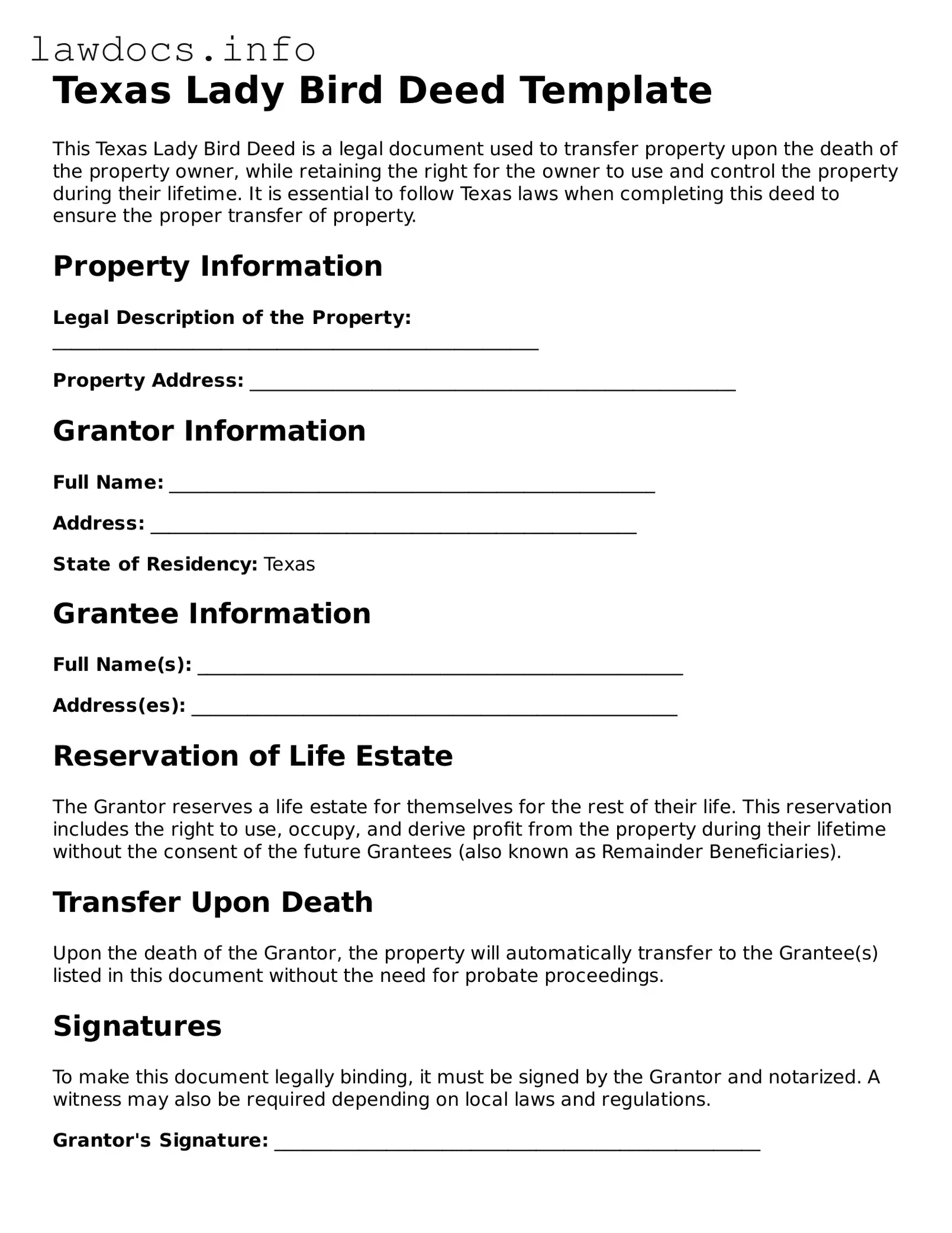 Blank Lady Bird Deed Template for the State of Texas
