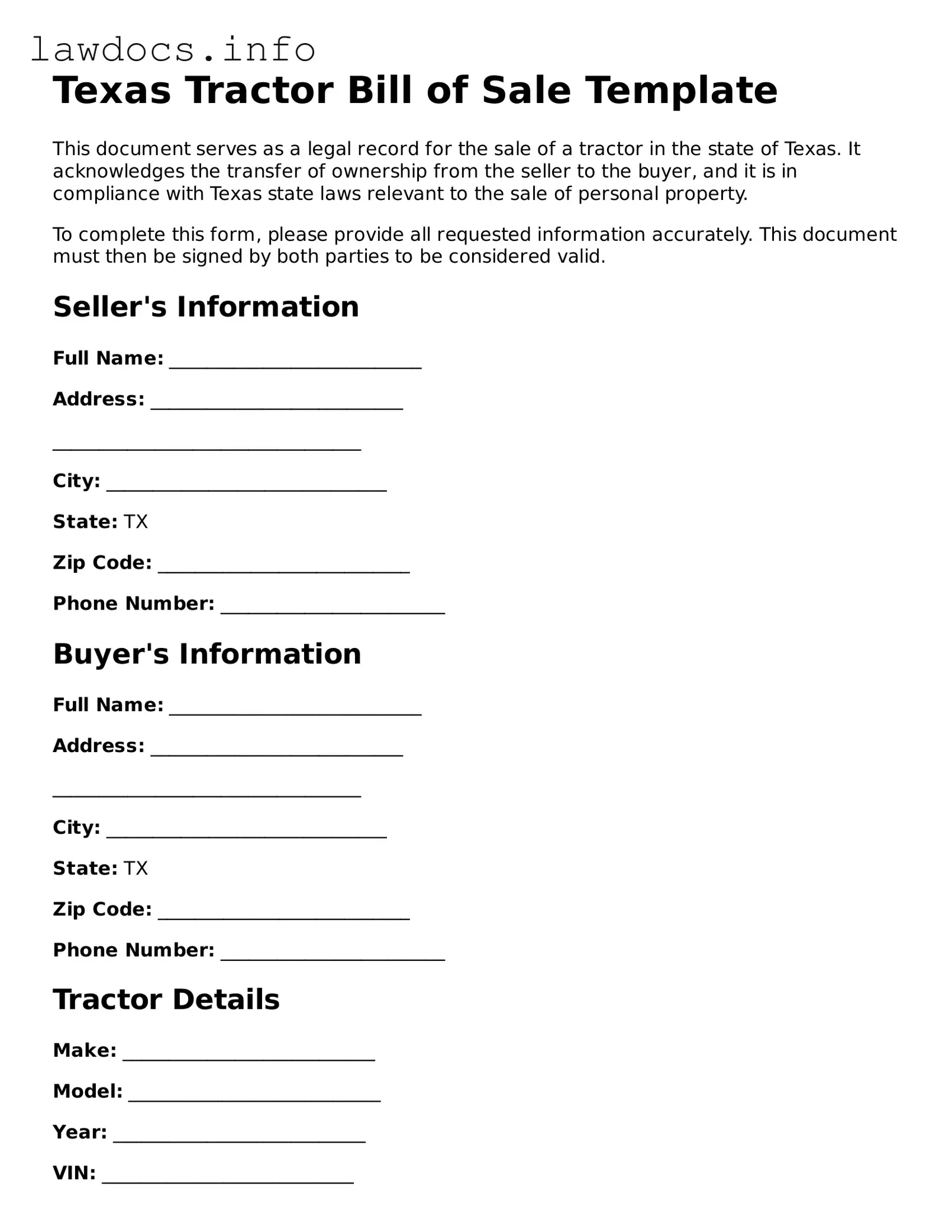 Blank Tractor Bill of Sale Template for the State of Texas