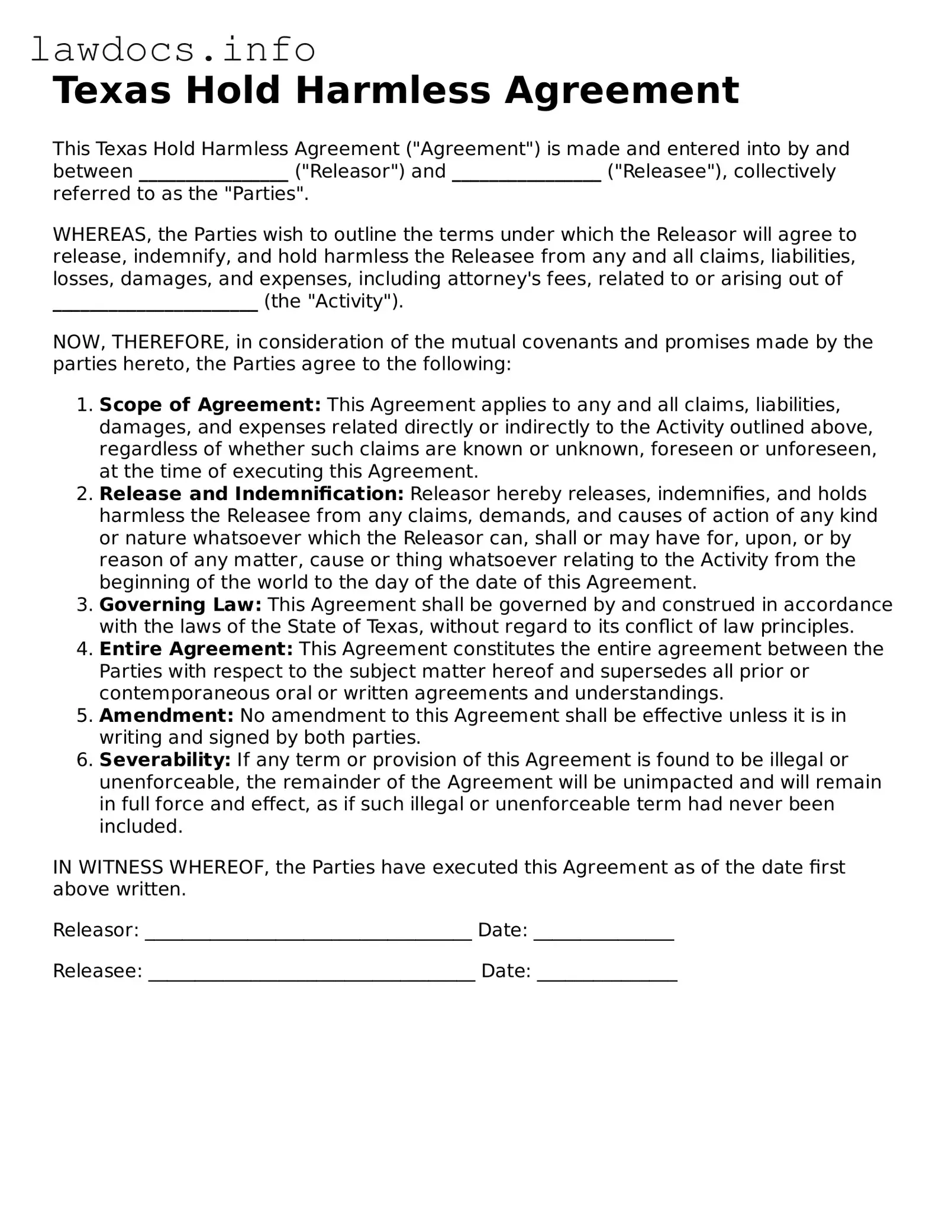 Blank Hold Harmless Agreement Template for the State of Texas