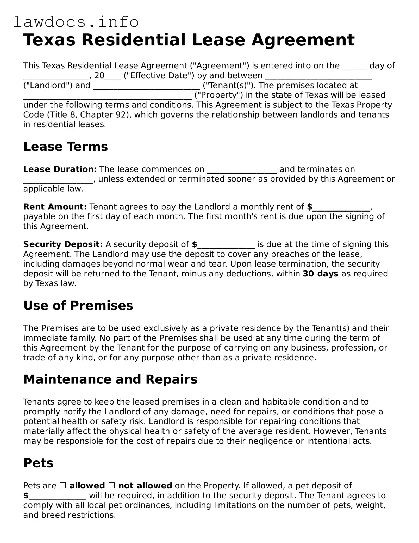 Blank Residential Lease Agreement Template for the State of Texas