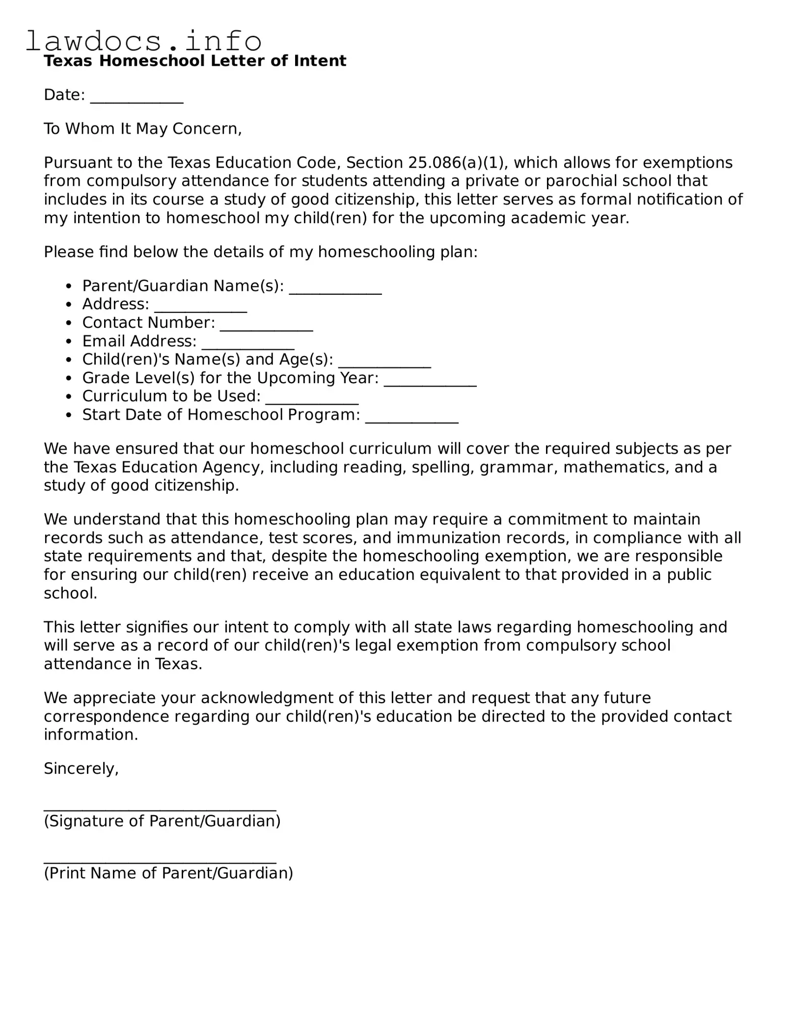 Blank Homeschool Letter of Intent Template for the State of Texas
