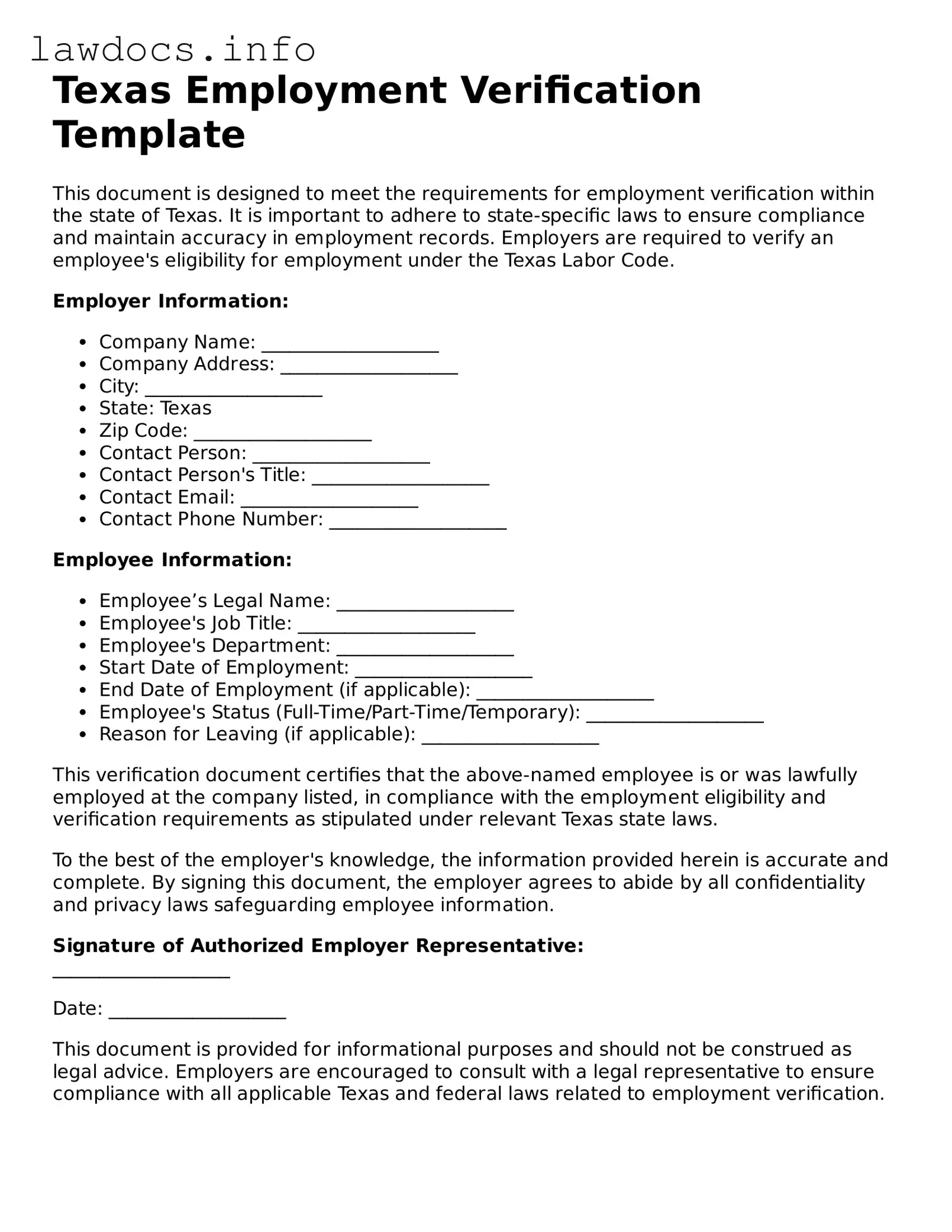 Blank Employment Verification Template for the State of Texas