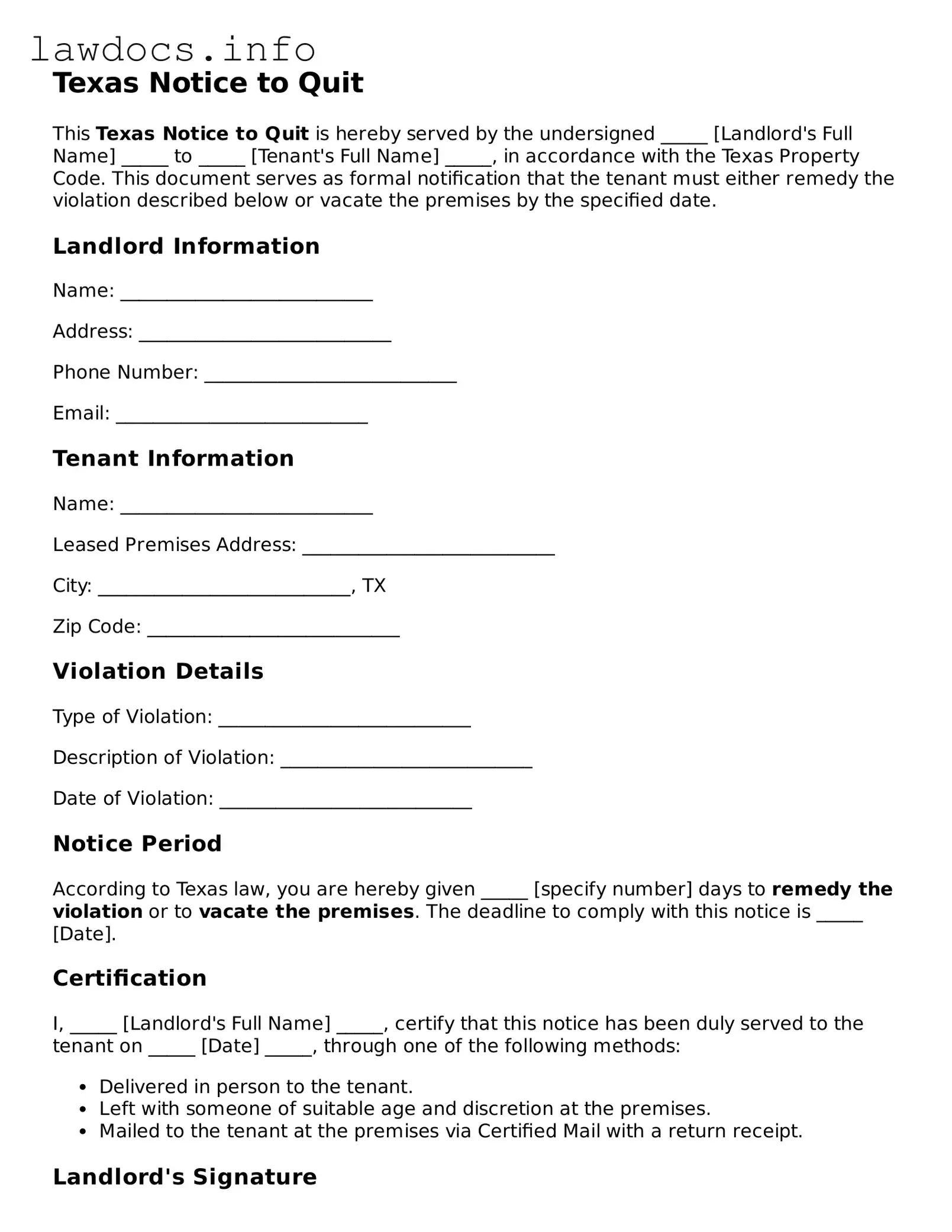 Blank Notice to Quit Template for the State of Texas