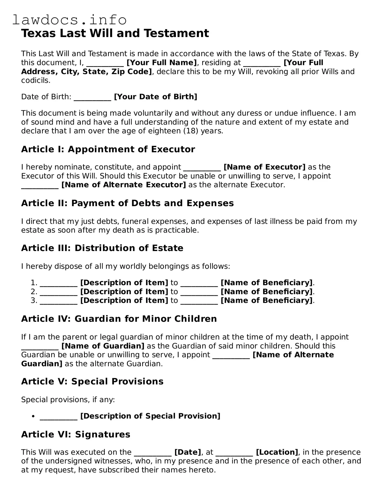 Blank Last Will and Testament Template for the State of Texas