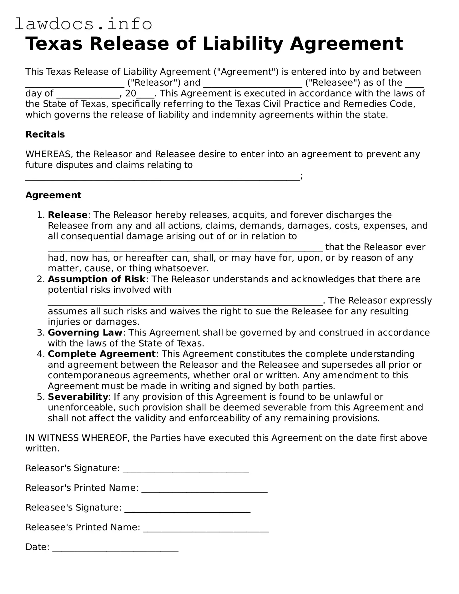 Blank Release of Liability Template for the State of Texas