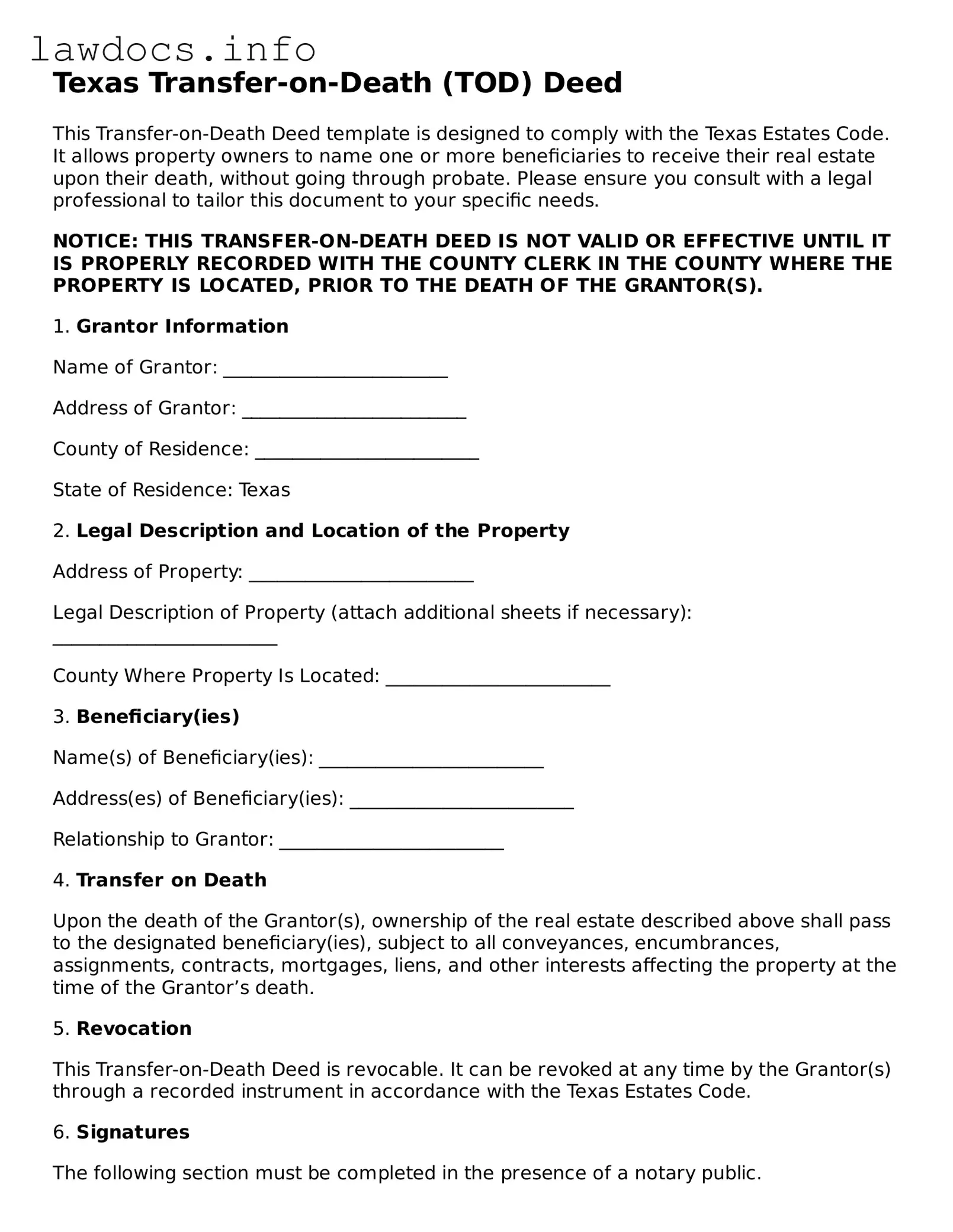 Blank Transfer-on-Death Deed Template for the State of Texas