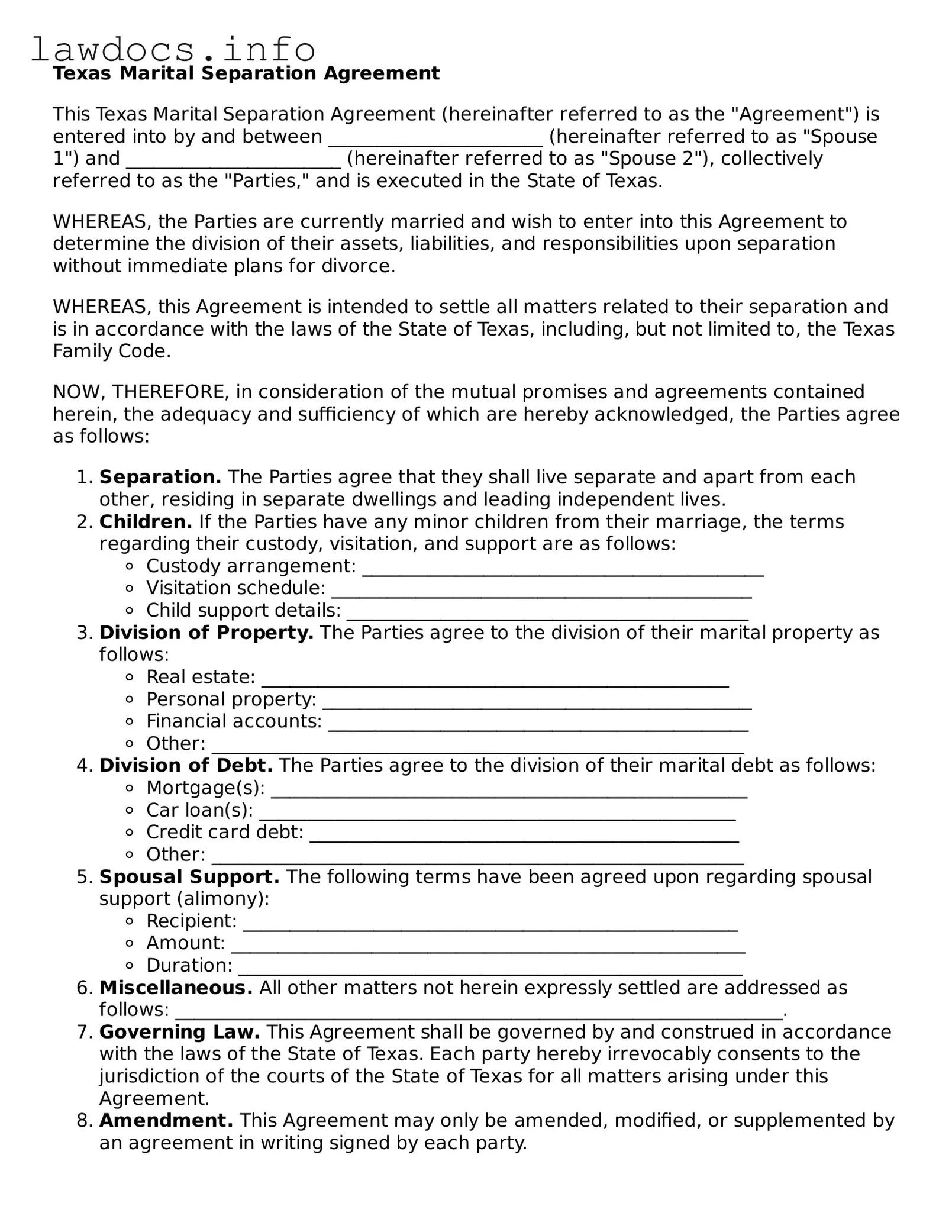 Blank Marital Separation Agreement Template for the State of Texas