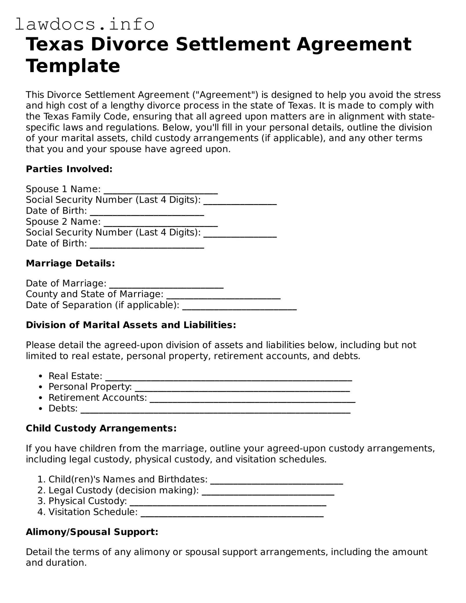 Blank Divorce Settlement Agreement Template for the State of Texas