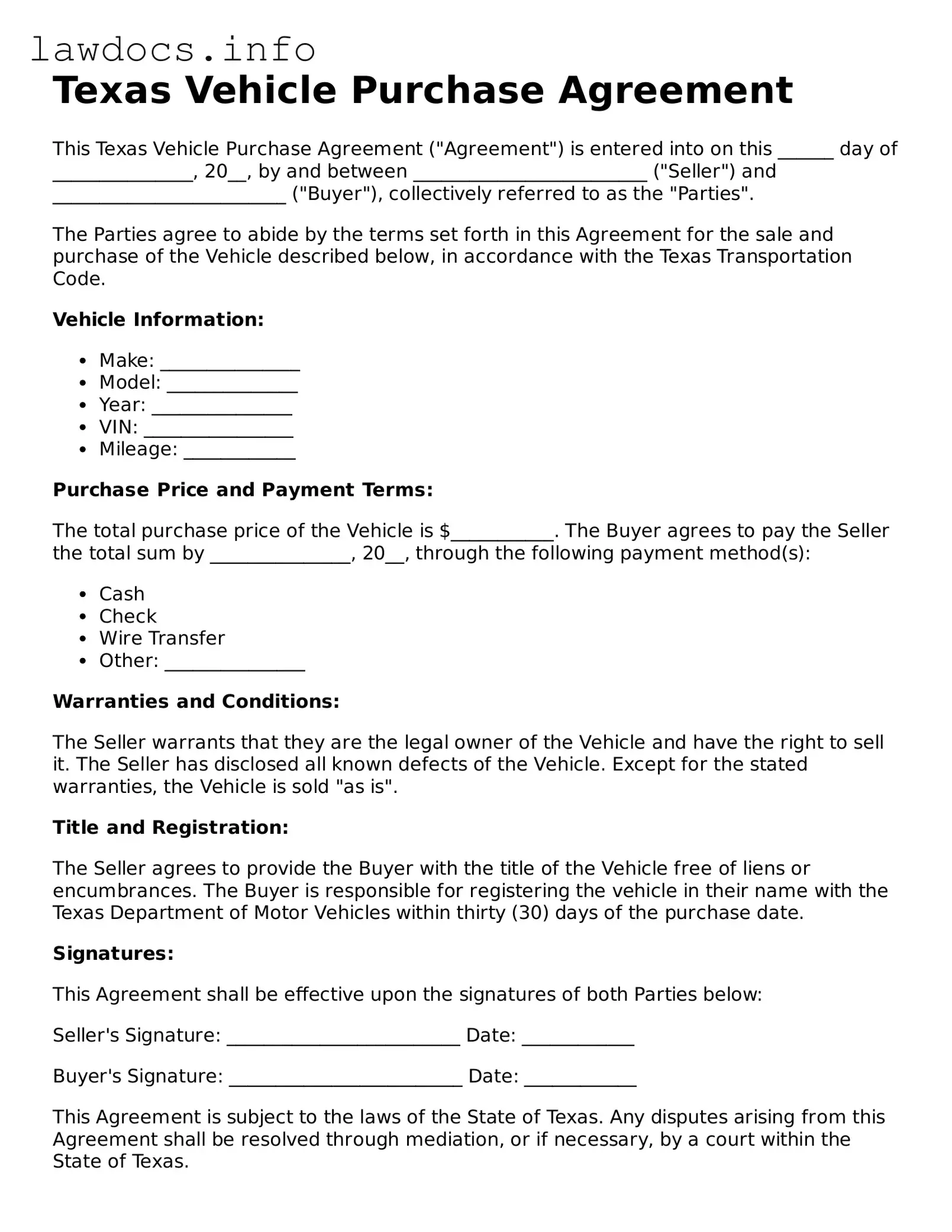Blank Vehicle Purchase Agreement Template for the State of Texas