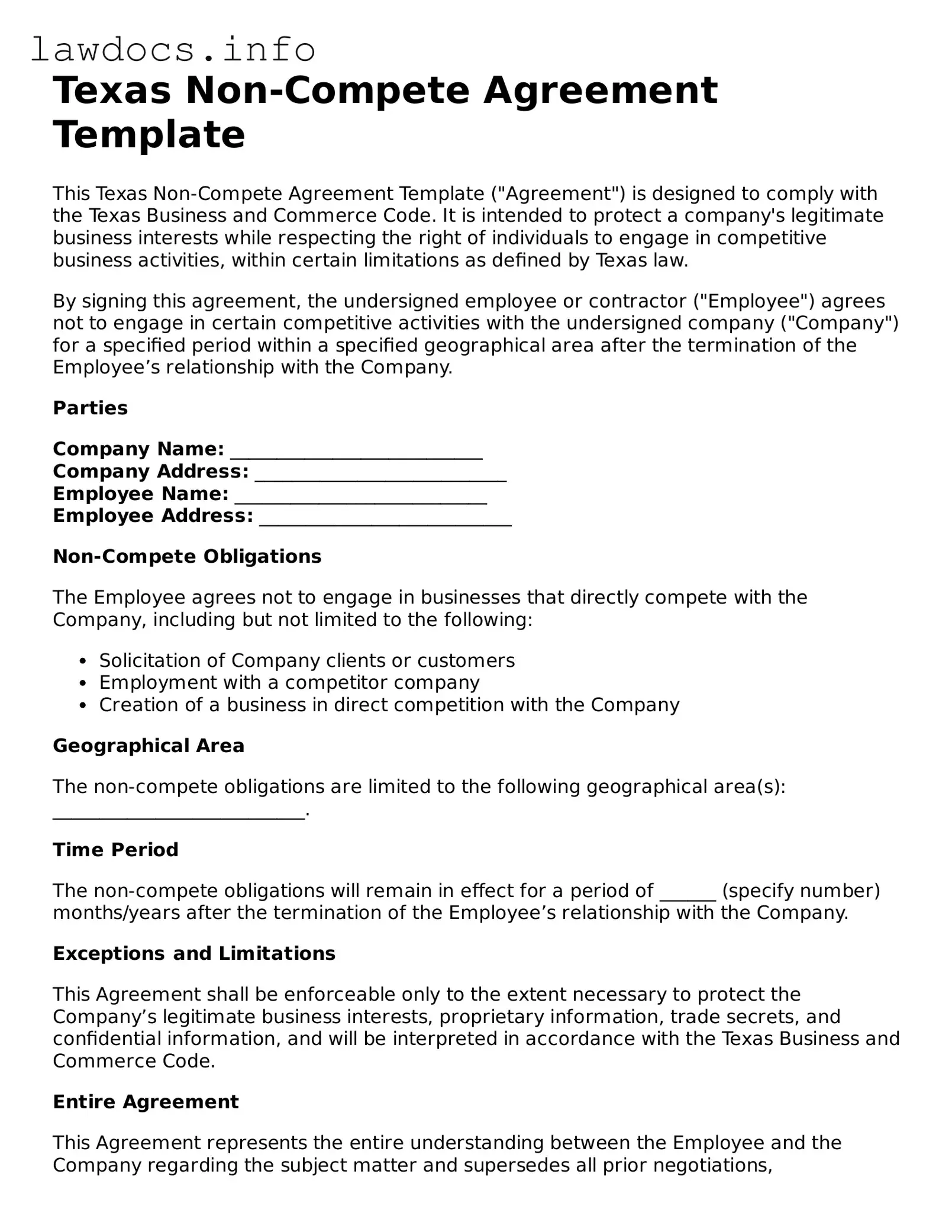 Blank Non-compete Agreement Template for the State of Texas