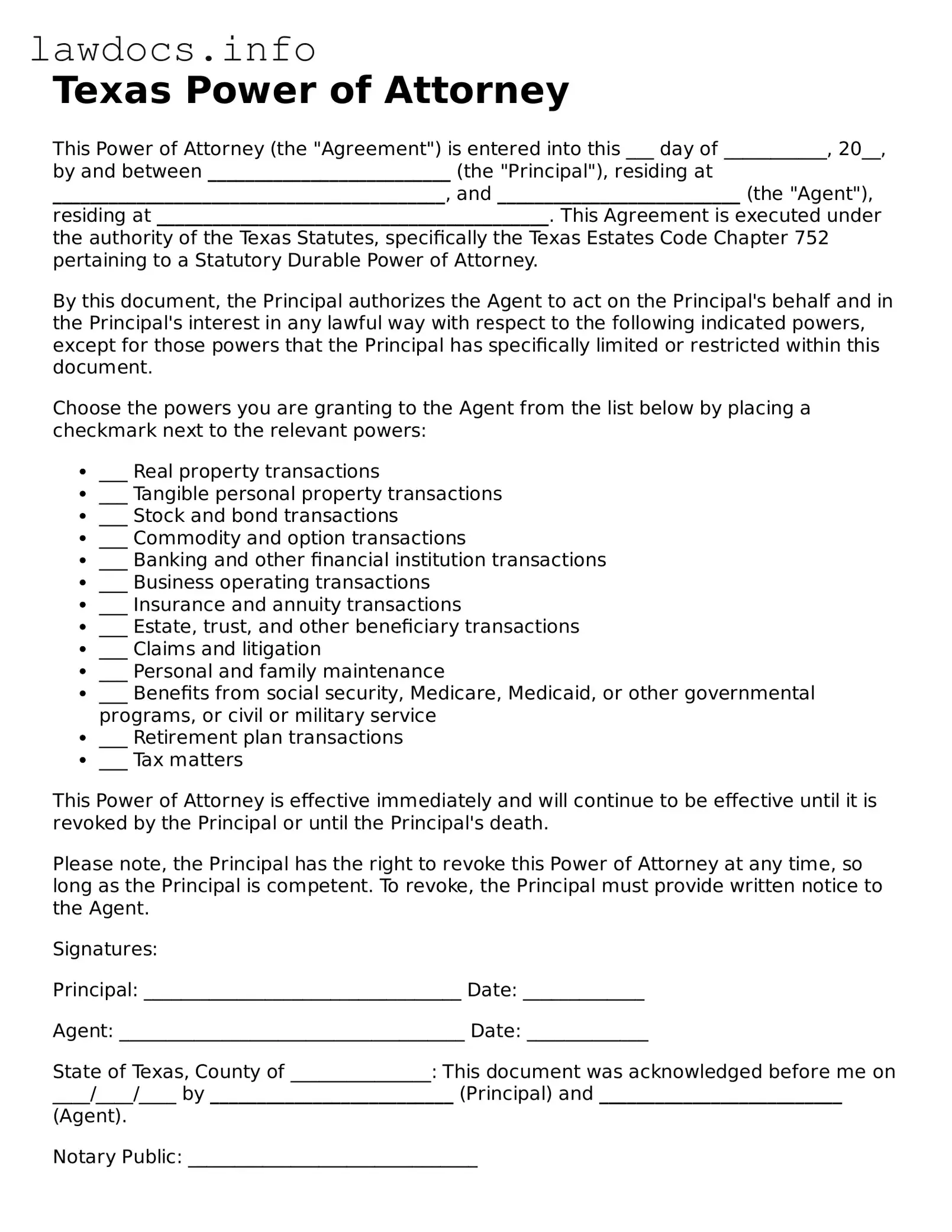 Blank Power of Attorney Template for the State of Texas