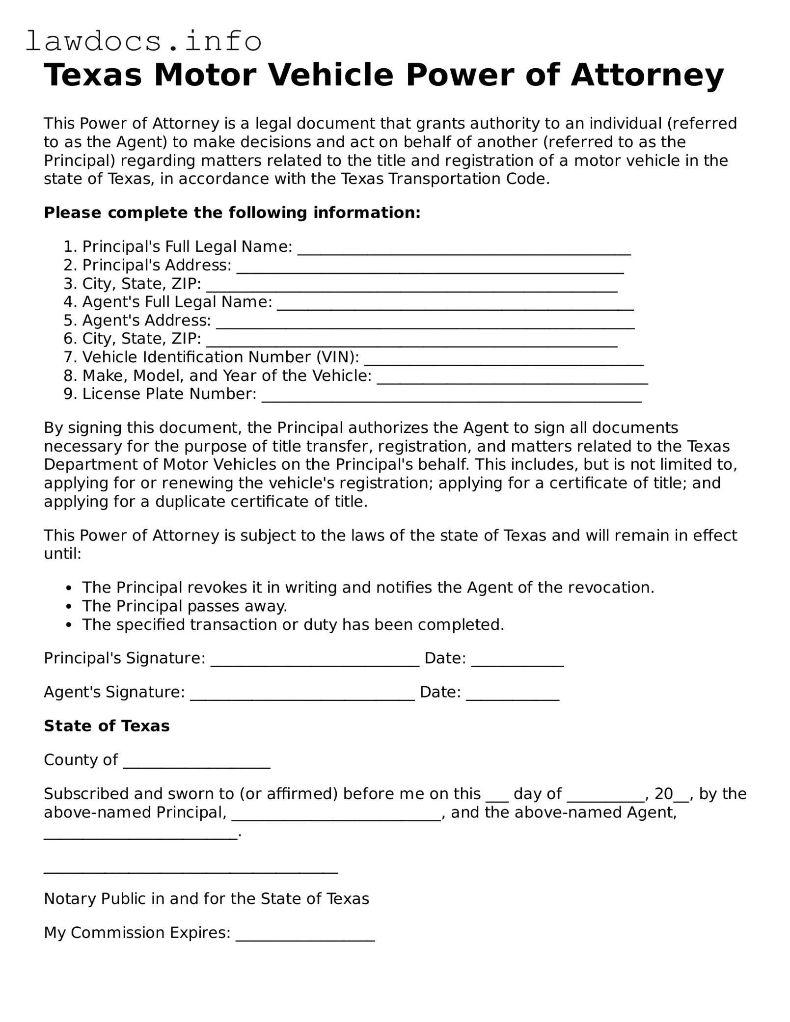 Blank Motor Vehicle Power of Attorney Template for the State of Texas