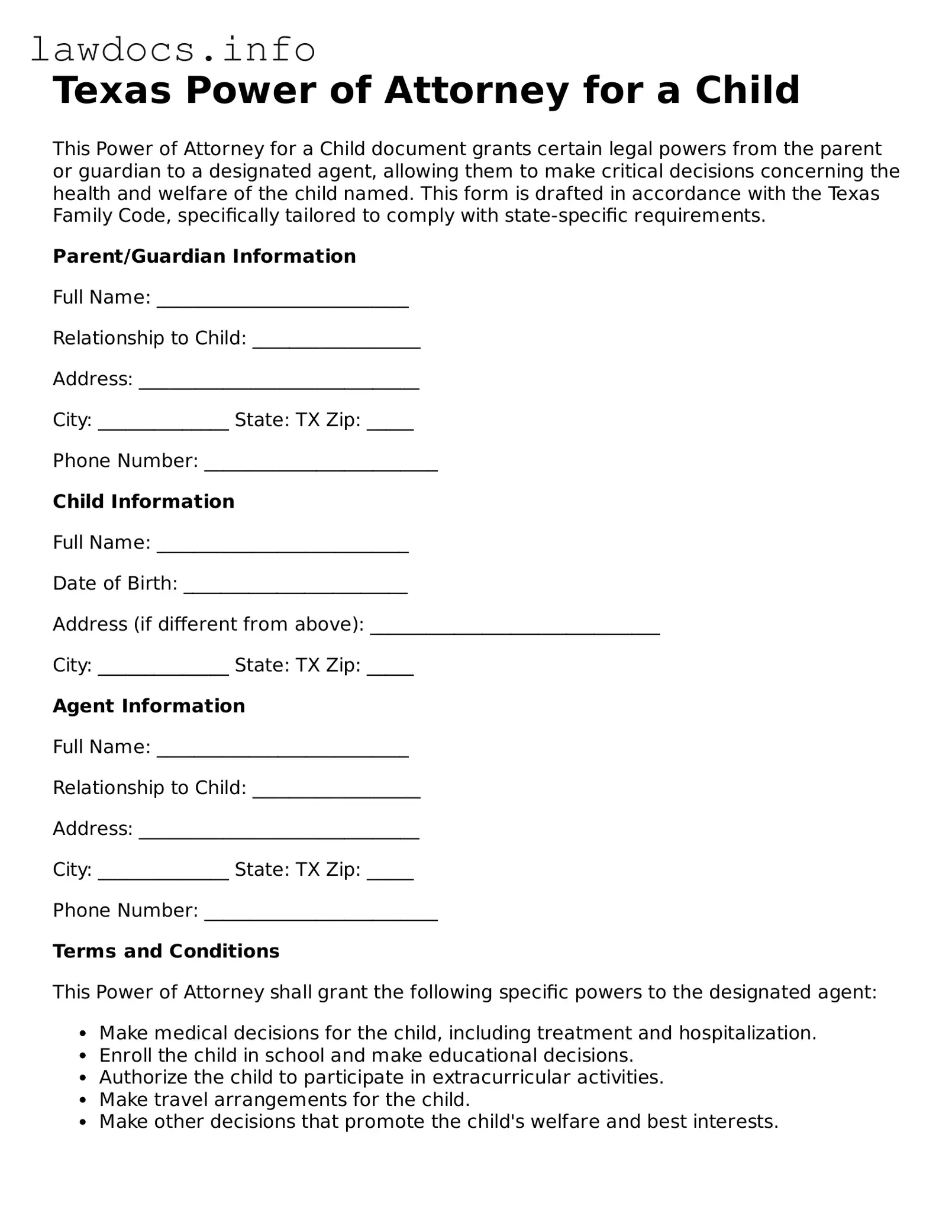 Blank Power of Attorney for a Child Template for the State of Texas