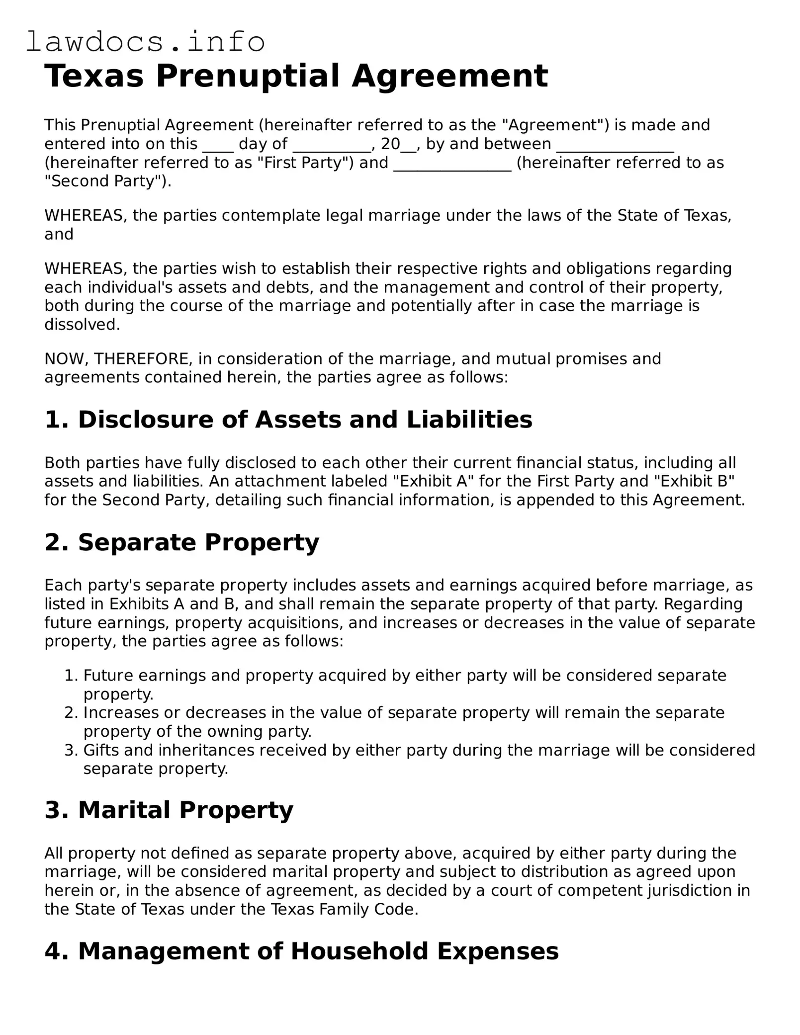 Blank Prenuptial Agreement Template for the State of Texas