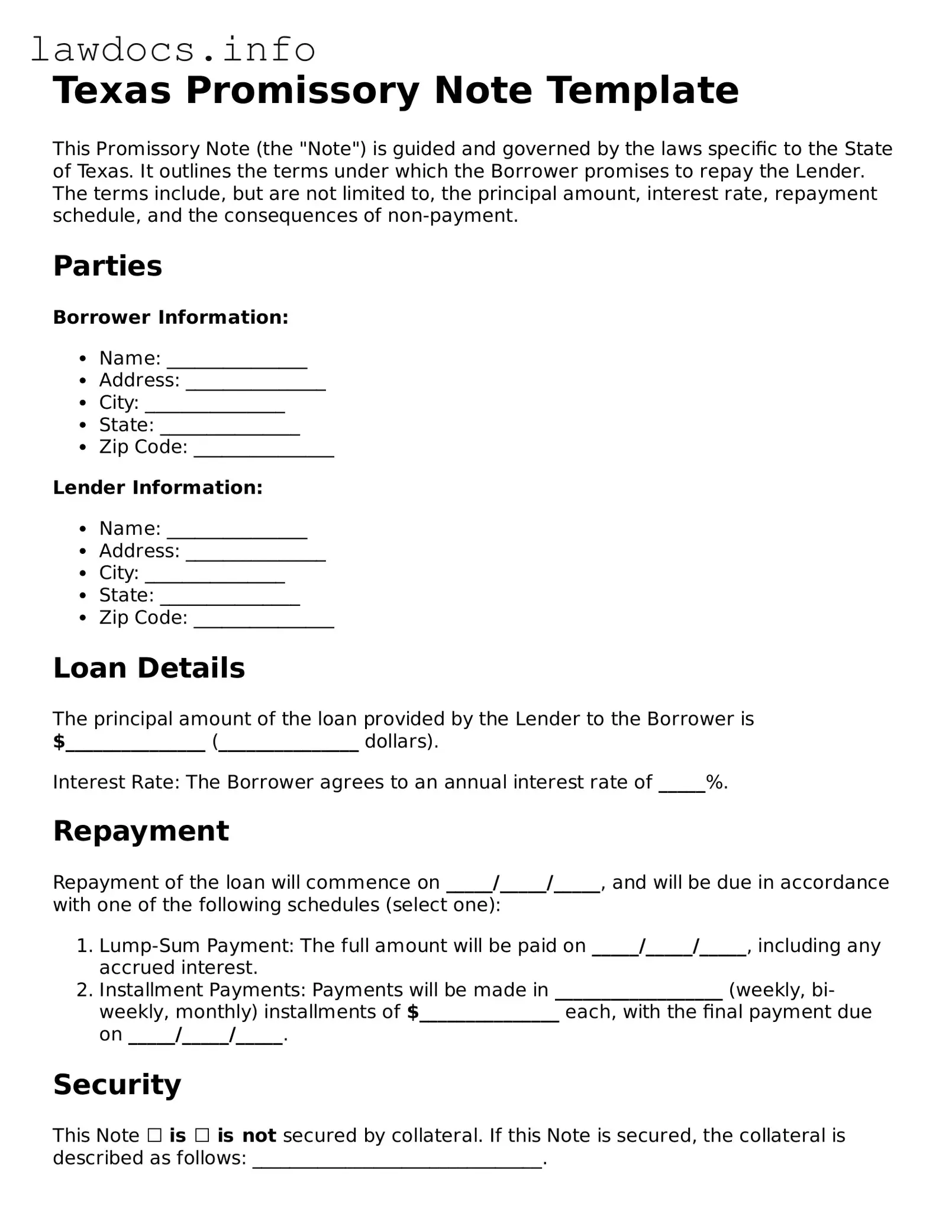 Blank Promissory Note Template for the State of Texas